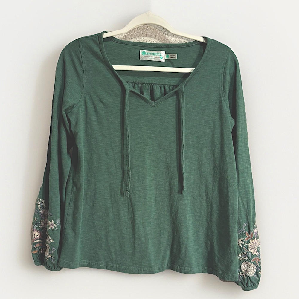 Aventura Kelly Green Floral Embroidered Long Sleeve Blouse Women’s Small